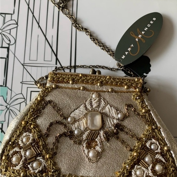 Mary Frances Handbags - Mary Frances Gold and Pearl Embellished Evening Clutch with Autograph NWT